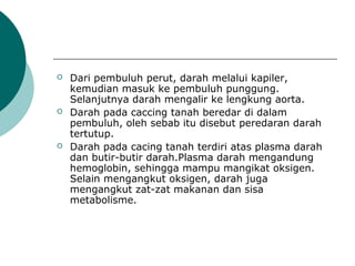  Dari pembuluh perut, darah melalui kapiler,
kemudian masuk ke pembuluh punggung.
Selanjutnya darah mengalir ke lengkung aorta.
 Darah pada caccing tanah beredar di dalam
pembuluh, oleh sebab itu disebut peredaran darah
tertutup.
 Darah pada cacing tanah terdiri atas plasma darah
dan butir-butir darah.Plasma darah mengandung
hemoglobin, sehingga mampu mangikat oksigen.
Selain mengangkut oksigen, darah juga
mengangkut zat-zat makanan dan sisa
metabolisme.
 