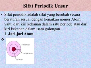 Sifat Periodik Unsur
• Sifat periodik adalah sifat yang berubah secara
  beraturan sesuai dengan kenaikan nomor Atom,
  yaitu dari kiri kekanan dalam satu periode atau dari
  kiri kekanan dalam satu golongan.
  1. Jari-jari Atom

 