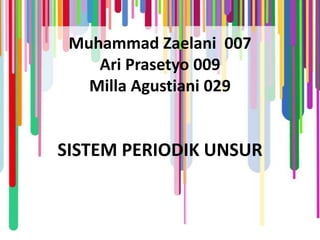 Muhammad Zaelani 007
Ari Prasetyo 009
Milla Agustiani 029
SISTEM PERIODIK UNSUR
 