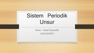 Sistem Periodik
Unsur
Nama : Amad Saeprudin
41614010072
 