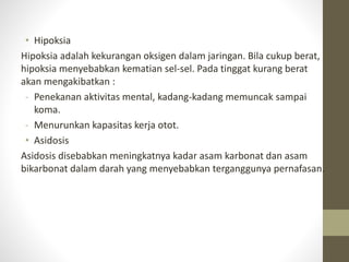 • Hipoksia
Hipoksia adalah kekurangan oksigen dalam jaringan. Bila cukup berat,
hipoksia menyebabkan kematian sel-sel. Pada tinggat kurang berat
akan mengakibatkan :
- Penekanan aktivitas mental, kadang-kadang memuncak sampai
koma.
- Menurunkan kapasitas kerja otot.
• Asidosis
Asidosis disebabkan meningkatnya kadar asam karbonat dan asam
bikarbonat dalam darah yang menyebabkan terganggunya pernafasan.
 