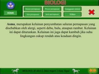 Asma, merupakan kelainan penyumbatan saluran pernapasan yang
disebabkan oleh alergi, seperti debu, bulu, ataupun rambut. Kelainan
ini dapat diturunkan. Kelainan ini juga dapat kambuh jika suhu
lingkungan cukup rendah atau keadaan dingin.
Sistem pernapasan
Alat pernapasan
Proses pernapasan
Jenis pernapasan
Gangguan sistem
Video
BIOLOGI, XI MIA 3, SMA Negeri 2 Kota Tegal
HOME
 