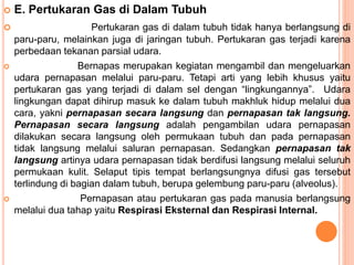  E. Pertukaran Gas di Dalam Tubuh
 Pertukaran gas di dalam tubuh tidak hanya berlangsung di
paru-paru, melainkan juga di jaringan tubuh. Pertukaran gas terjadi karena
perbedaan tekanan parsial udara.
 Bernapas merupakan kegiatan mengambil dan mengeluarkan
udara pernapasan melalui paru-paru. Tetapi arti yang lebih khusus yaitu
pertukaran gas yang terjadi di dalam sel dengan “lingkungannya”. Udara
lingkungan dapat dihirup masuk ke dalam tubuh makhluk hidup melalui dua
cara, yakni pernapasan secara langsung dan pernapasan tak langsung.
Pernapasan secara langsung adalah pengambilan udara pernapasan
dilakukan secara langsung oleh permukaan tubuh dan pada pernapasan
tidak langsung melalui saluran pernapasan. Sedangkan pernapasan tak
langsung artinya udara pernapasan tidak berdifusi langsung melalui seluruh
permukaan kulit. Selaput tipis tempat berlangsungnya difusi gas tersebut
terlindung di bagian dalam tubuh, berupa gelembung paru-paru (alveolus).
 Pernapasan atau pertukaran gas pada manusia berlangsung
melalui dua tahap yaitu Respirasi Eksternal dan Respirasi Internal.
 