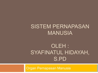 SISTEM PERNAPASAN
MANUSIA
OLEH :
SYAFINATUL HIDAYAH,
S.PD
Organ Pernapasan Manusia
 