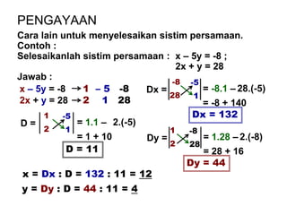 PENGAYAAN
Cara lain untuk menyelesaikan sistim persamaan.
Contoh :
Selesaikanlah sistim persamaan : x – 5y = -8 ;
2x + y = 28
Jawab :
x – 5y = -8
2x + y = 28
1 – 5 -8
2 1 28
D =
1
2
-5
1
= 1.1 –
= 1 + 10
D = 11
2.(-5)
Dx =
-8
28
-5
1
= -8.1 –
= -8 + 140
Dx = 132
28.(-5)
Dy =
1
2
-8
28
= 1.28 –
= 28 + 16
Dy = 44
2.(-8)
x = Dx : D = 132 : 11 = 12
y = Dy : D = 44 : 11 = 4
 