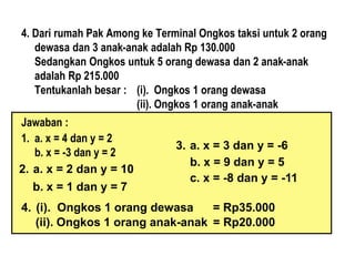 4. Dari rumah Pak Among ke Terminal Ongkos taksi untuk 2 orang
dewasa dan 3 anak-anak adalah Rp 130.000
Sedangkan Ongkos untuk 5 orang dewasa dan 2 anak-anak
adalah Rp 215.000
Tentukanlah besar : (i). Ongkos 1 orang dewasa
(ii). Ongkos 1 orang anak-anak
Jawaban :
1. a. x = 4 dan y = 2
b. x = -3 dan y = 2
2. a. x = 2 dan y = 10
b. x = 1 dan y = 7
3. a. x = 3 dan y = -6
b. x = 9 dan y = 5
4.
c. x = -8 dan y = -11
(i). Ongkos 1 orang dewasa = Rp35.000
(ii). Ongkos 1 orang anak-anak = Rp20.000
 