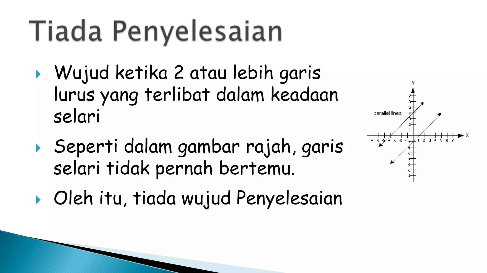  Wujud ketika 2 atau lebih garis
lurus yang terlibat dalam keadaan
selari
 Seperti dalam gambar rajah, garis
selari tidak pernah bertemu.
 Oleh itu, tiada wujud Penyelesaian
 