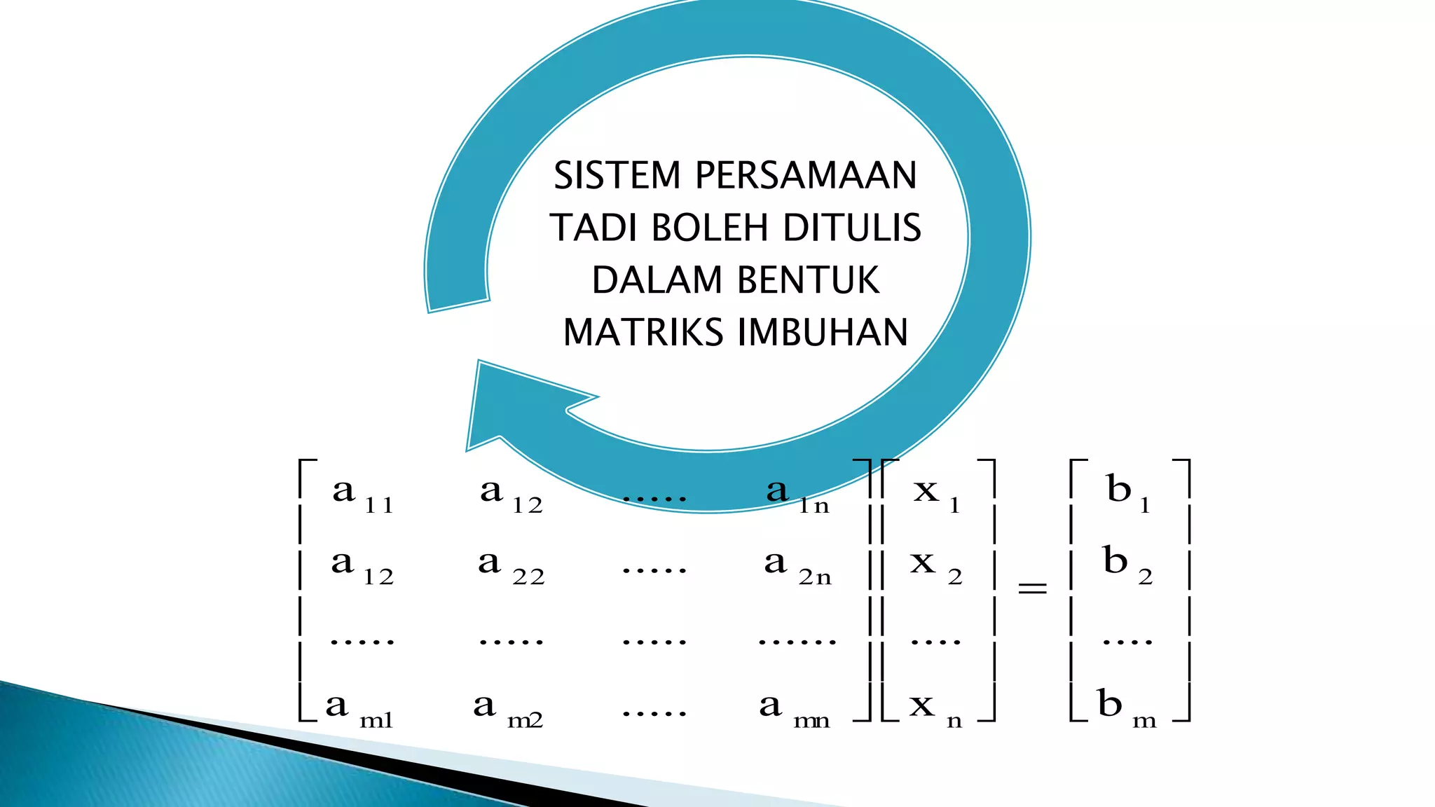 SISTEM PERSAMAAN
TADI BOLEH DITULIS
DALAM BENTUK
MATRIKS IMBUHAN
m
2
1
n
2
1
mnm2m1
2n2212
1n1211
b
....
b
b
x
....
x
x
a.....aa
.....................
a.....aa
a.....aa
 