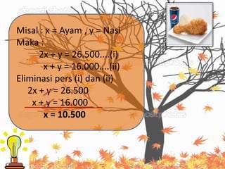 Misal : x = Ayam , y = Nasi
Maka :
2x + y = 26.500....(i)
x + y = 16.000....(ii)
Eliminasi pers (i) dan (ii)
2x + y = 26.500
x + y = 16.000
x = 10.500
 