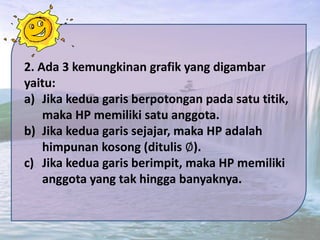 2. Ada 3 kemungkinan grafik yang digambar
yaitu:
a) Jika kedua garis berpotongan pada satu titik,
maka HP memiliki satu anggota.
b) Jika kedua garis sejajar, maka HP adalah
himpunan kosong (ditulis ∅).
c) Jika kedua garis berimpit, maka HP memiliki
anggota yang tak hingga banyaknya.
 