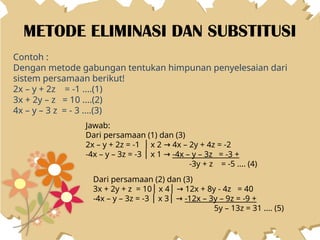METODE ELIMINASI DAN SUBSTITUSI
Contoh :
Dengan metode gabungan tentukan himpunan penyelesaian dari
sistem persamaan berikut!
2x – y + 2z = -1 ....(1)
3x + 2y – z = 10 ....(2)
4x – y – 3 z = - 3 ....(3)
Dari persamaan (2) dan (3)
3x + 2y + z = 10 x 4 12x + 8y - 4z
│ │ → = 40
-4x – y – 3z = -3 x 3
│ │ → -12x – 3y – 9z = -9 +
5y – 13z = 31 .... (5)
Jawab:
Dari persamaan (1) dan (3)
2x – y + 2z = -1 x 2 4x – 2y + 4z = -2
│ →
-4x – y – 3z = -3 x 1
│ → -4x – y – 3z = -3 +
-3y + z = -5 .... (4)
 