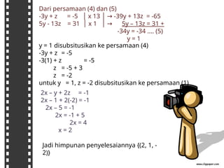 Dari persamaan (4) dan (5)
-3y + z = -5 x 13 -39y + 13z
│ │ → = -65
5y - 13z = 31 x 1
│ │ → 5y – 13z = 31 +
-34y = -34 .... (5)
y = 1
2x – y + 2z = -1
2x – 1 + 2(-2) = -1
2x – 5 = -1
2x = -1 + 5
2x = 4
x = 2
y = 1 disubsitusikan ke persamaan (4)
-3y + z = -5
-3(1) + z = -5
z = -5 + 3
z = -2
untuk y = 1, z = -2 disubsitusikan ke persamaan (1)
Jadi himpunan penyelesaiannya {(2, 1, -
2)}
 