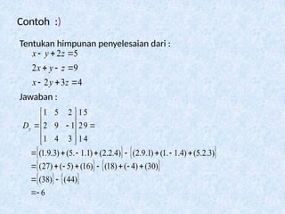 Contoh :)
Tentukan himpunan penyelesaian dari :
Jawaban :
4
3
2
9
2
5
2









z
y
x
z
y
x
z
y
x
   
   
   
6
)
44
(
)
38
(
)
30
(
)
4
(
)
18
(
)
16
(
)
5
(
)
27
(
)
3
.
2
.
5
(
)
4
.
1
.
1
(
)
1
.
9
.
2
(
)
4
.
2
.
2
(
)
1
.
1
.
5
(
)
3
.
9
.
1
(
4
9
5
1
2
1
3
4
1
1
9
2
2
5
1

































y
D
 