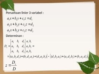 Persamaan linier 3 variabel :
Determinan :
   
)
.
.
(
)
.
.
(
)
.
.
(
)
.
.
(
)
.
.
(
)
.
.
( 3
2
1
3
2
1
3
2
1
3
2
1
3
2
1
3
2
1
3
2
1
3
2
1
3
3
3
2
2
2
1
1
1
d
a
b
b
d
a
a
b
d
b
a
d
a
d
b
d
b
a
b
b
b
a
a
a
d
b
a
d
b
a
d
b
a
Dz


















3
3
3
3
2
2
2
2
1
1
1
1
d
z
c
y
b
x
a
d
z
c
y
b
x
a
d
z
c
y
b
x
a









D
D
z z

 