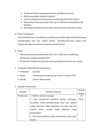 •
•
•
•
•

Terlibat aktif dalam pembelajaran Sistem pertidaksamaan linier
Bekerjasama dalam kegiatan kelompok
Toleran terh...
