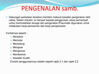 PENGENALAN samb.
 Gabungan perkataan tersebut memberi maksud kawalan pengerakan oleh
  udara. Dalam industri, ia merujuk kepada penggunaan udara pemampat
  untuk memindahkan tenaga dan pengerakan.Pneumatik digunakan untuk
  melakukan kerja pemesinan dan kerja peroperasian.

Contohnya seperti :
    Menebuk
    Memutar
    Memotong
    Mengisar
    Mengemas
    Membentuk
    Kawalan Kualiti
   Contoh penggunaannya adalah seperti rajah 2.1 dan rajah 2.2
 