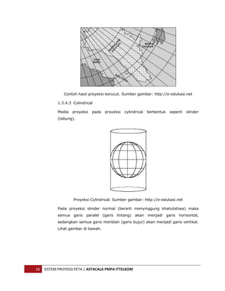  




                  Contoh hasil proyeksi kerucut. Sumber gambar: http://e-edukasi.net

               1.3.4.3 Cylindrical

               Media   proyeksi   pada    proyeksi    cylindrical   berbentuk    seperti    slinder
               (tabung).




                       Proyeksi Cylindrical. Sumber gambar: http://e-edukasi.net

               Pada proyeksi slinder normal (berarti menyinggung khatulistiwa) maka
               semua   garis   paralel   (garis   lintang)   akan   menjadi     garis   horisontal,
               sedangkan semua garis meridian (garis bujur) akan menjadi garis vertikal.
               Lihat gambar di bawah.




    16  SISTEM PROYEKSI PETA | ASTACALA PMPA ITTELKOM 
 
 