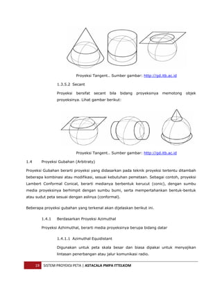  




                            Proyeksi Tangent.. Sumber gambar: http://gd.itb.ac.id

                 1.3.5.2 Secant

                 Proyeksi   bersifat   secant   bila   bidang   proyeksinya   memotong   objek
                 proyeksinya. Lihat gambar berikut:




                            Proyeksi Tangent.. Sumber gambar: http://gd.itb.ac.id

1.4      Proyeksi Gubahan (Arbitraty)

Proyeksi Gubahan berarti proyeksi yang didasarkan pada teknik proyeksi tertentu ditambah
beberapa kombinasi atau modifikasi, sesuai kebutuhan pemetaan. Sebagai contoh, proyeksi
Lambert Conformal Conical, berarti medianya berbentuk kerucut (conic), dengan sumbu
media proyeksinya berhimpit dengan sumbu bumi, serta mempertahankan bentuk-bentuk
atau sudut peta sesuai dengan aslinya (conformal).


Beberapa proyeksi gubahan yang terkenal akan dijelaskan berikut ini.


         1.4.1   Berdasarkan Proyeksi Azimuthal

         Proyeksi Azhimuthal, berarti media proyeksinya berupa bidang datar


                 1.4.1.1 Azimuthal Equidistant

                 Digunakan untuk peta skala besar dan biasa dipakai untuk menyajikan
                 lintasan penerbangan atau jalur komunikasi radio.


      19  SISTEM PROYEKSI PETA | ASTACALA PMPA ITTELKOM 
 
 