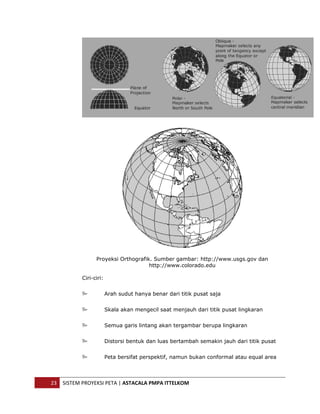 




                     Proyeksi Orthografik. Sumber gambar: http://www.usgs.gov dan
                                         http://www.colorado.edu

               Ciri-ciri:


                            Arah sudut hanya benar dari titik pusat saja


                            Skala akan mengecil saat menjauh dari titik pusat lingkaran


                            Semua garis lintang akan tergambar berupa lingkaran


                            Distorsi bentuk dan luas bertambah semakin jauh dari titik pusat


                            Peta bersifat perspektif, namun bukan conformal atau equal area



    23  SISTEM PROYEKSI PETA | ASTACALA PMPA ITTELKOM 
 
 