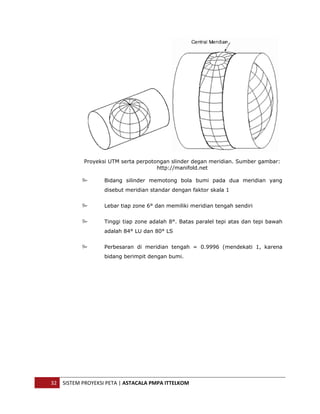  




               Proyeksi UTM serta perpotongan slinder degan meridian. Sumber gambar:
                                         http://manifold.net

                       Bidang silinder memotong bola bumi pada dua meridian yang
                       disebut meridian standar dengan faktor skala 1


                       Lebar tiap zone 6° dan memiliki meridian tengah sendiri


                       Tinggi tiap zone adalah 8°. Batas paralel tepi atas dan tepi bawah
                       adalah 84° LU dan 80° LS


                       Perbesaran di meridian tengah = 0.9996 (mendekati 1, karena
                       bidang berimpit dengan bumi.




    32  SISTEM PROYEKSI PETA | ASTACALA PMPA ITTELKOM 
 
 