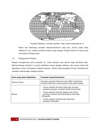  




                      Proyeksi Robinson. Sumber gambar: http://www.kartoweb.itc.nl

         Masih ada beberapa proyeksi Pseudocylindrical yang lain, namun tidak akan
         dibahas di sini, seperti proyeksi Eckert yang terbagi menjadi Eckert IV Equal Area
         dan Eckert VI Equal Area.


1.5      Penggunaan Proyeksi

Dengan beragamnya jenis proyeksi ini, maka banyak pula pilihan bagi pembuat peta.
Masing-masing proyeksi ini punya kelebihan sesuai dengan sifatnya, dan hanya cocok bila
digunakan untuk memetakan wilayah tertentu. Artikel yang terdapat di http://manifold.net
memberi rekomendasi sebagai berikut:


Area yang akan Dipetakan             Proyeksi yang Dianjurkan

                                     Gunakan proyeksi Robinson atau Miller Cylindrical.
Seluruh Dunia
                                     Proyeksi Robinson cukup sesuai untuk peta tematik.

                                      - Untuk wulayah Amerika Utara dan Eurasia,
                                        gunakan proyeksi Lambert Conformal Conical.
                                      - Untuk wilayah Amerika Selatan dan Afrika,
Benua                                   gunakan Lambert Azimuthal Equal Area atau
                                      Ortografik.
                                      - Untuk wilayah Australia dan Antartika,
                                        gunakan Ortografik.




      43  SISTEM PROYEKSI PETA | ASTACALA PMPA ITTELKOM 
 
 