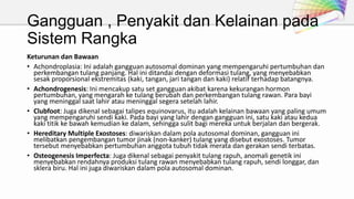 Gangguan , Penyakit dan Kelainan pada
Sistem Rangka
Keturunan dan Bawaan
• Achondroplasia: Ini adalah gangguan autosomal dominan yang mempengaruhi pertumbuhan dan
perkembangan tulang panjang. Hal ini ditandai dengan deformasi tulang, yang menyebabkan
sesak proporsional ekstremitas (kaki, tangan, jari tangan dan kaki) relatif terhadap batangnya.
• Achondrogenesis: Ini mencakup satu set gangguan akibat karena kekurangan hormon
pertumbuhan, yang mengarah ke tulang berubah dan perkembangan tulang rawan. Para bayi
yang meninggal saat lahir atau meninggal segera setelah lahir.
• Clubfoot: Juga dikenal sebagai talipes equinovarus, itu adalah kelainan bawaan yang paling umum
yang mempengaruhi sendi kaki. Pada bayi yang lahir dengan gangguan ini, satu kaki atau kedua
kaki titik ke bawah kemudian ke dalam, sehingga sulit bagi mereka untuk berjalan dan bergerak.
• Hereditary Multiple Exostoses: diwariskan dalam pola autosomal dominan, gangguan ini
melibatkan pengembangan tumor jinak (non-kanker) tulang yang disebut exostoses. Tumor
tersebut menyebabkan pertumbuhan anggota tubuh tidak merata dan gerakan sendi terbatas.
• Osteogenesis Imperfecta: Juga dikenal sebagai penyakit tulang rapuh, anomali genetik ini
menyebabkan rendahnya produksi tulang rawan menyebabkan tulang rapuh, sendi longgar, dan
sklera biru. Hal ini juga diwariskan dalam pola autosomal dominan.

 