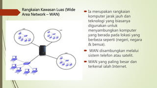 Rangkaian Kawasan Luas (Wide
Area Network – WAN)
 Ia merupakan rangkaian
komputer jarak jauh dan
teknologi yang biasanya
digunakan untuk
menyambungkan komputer
yang berada pada lokasi yang
berbeza seperti (negeri, negara
& benua).
 WAN disambungkan melalui
sistem telefon atau satelit.
 WAN yang paling besar dan
terkenal ialah Internet.
 