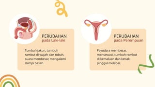 Tumbuh jakun, tumbuh
rambut di wajah dan tubuh,
suara membesar, mengalami
mimpi basah.
Payudara membesar,
menstruasi, tumbuh rambut
di kemaluan dan ketiak,
pinggul melebar.
PERUBAHAN
pada Perempuan
PERUBAHAN
pada Laki-laki
 