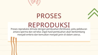 Proses reproduksi dimulai dengan pembuahan (fertilisasi), yaitu peleburan
antara sperma dan sel telur. Zigot hasil pembuahan akan berkembang
menjadi embrio dan kemudian menjadi janin di dalam uterus.
PROSES
REPRODUKSI
 