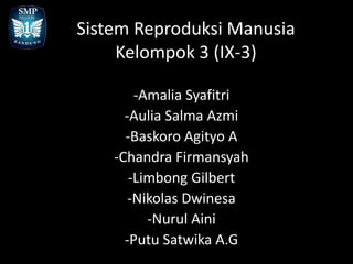 Sistem Reproduksi Manusia
     Kelompok 3 (IX-3)

        -Amalia Syafitri
      -Aulia Salma Azmi
      -Baskoro Agityo A
    -Chandra Firmansyah
       -Limbong Gilbert
       -Nikolas Dwinesa
          -Nurul Aini
      -Putu Satwika A.G
 