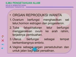 ILMU PENGETAHUAN ALAM
KELAS IX SEMESTER GASAL
MADRASAH TSANAWIYAH




    • ORGAN REPRODUKSI WANITA
    1. Ovarium berfungsi menghasilkan sel
       telur,hormon estrogen dan progesteron.
    2. Tuba     falopii/saluran  telur   berfungsi
       menggerakkan ovum ke arah rahim,
       terjadinya pembuahan.
    3. Uterus      berfungsi    sebagai    tempat
       berkembangnya embrio.
    4. Vagina sebagai organ persetubuhan dan
       untuk jalan bayi saat persalinan.
 