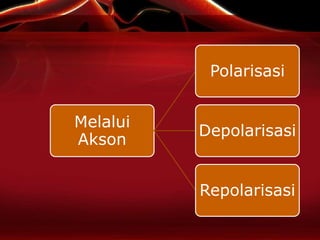 Melalui
Akson
Polarisasi
Depolarisasi
Repolarisasi
 