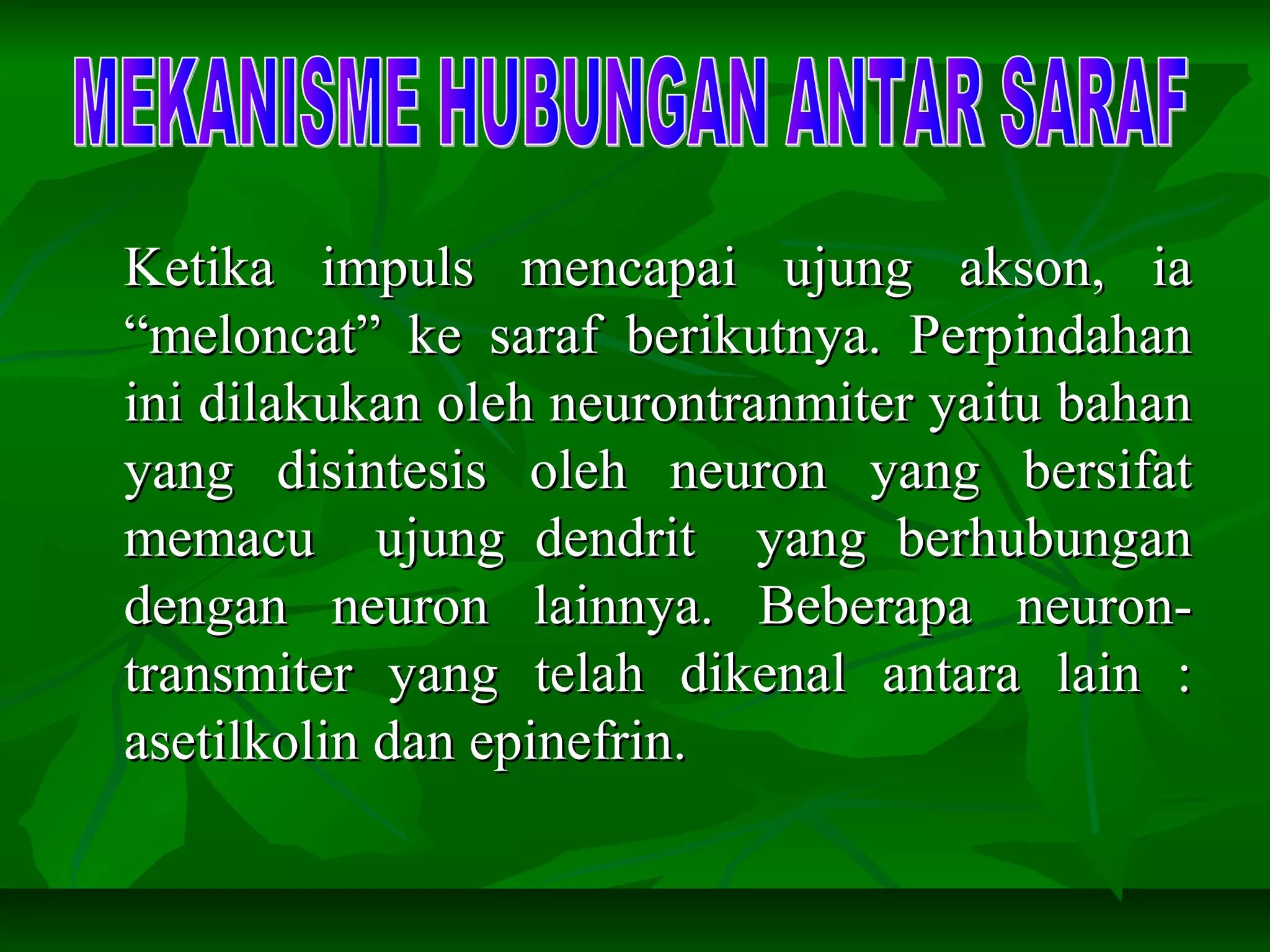 Ketika impuls mencapai ujung akson, iaKetika impuls mencapai ujung akson, ia
“meloncat” ke saraf berikutnya. Perpindahan“meloncat” ke saraf berikutnya. Perpindahan
ini dilakukan oleh neurontranmiter yaitu bahanini dilakukan oleh neurontranmiter yaitu bahan
yang disintesis oleh neuron yang bersifatyang disintesis oleh neuron yang bersifat
memacu ujung dendrit yang berhubunganmemacu ujung dendrit yang berhubungan
dengan neuron lainnya. Beberapa neuron-dengan neuron lainnya. Beberapa neuron-
transmiter yang telah dikenal antara lain :transmiter yang telah dikenal antara lain :
asetilkolin dan epinefrin.asetilkolin dan epinefrin.
 