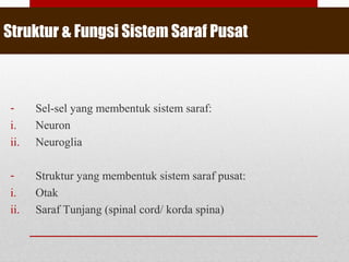 Struktur & Fungsi Sistem Saraf Pusat
- Sel-sel yang membentuk sistem saraf:
i. Neuron
ii. Neuroglia
- Struktur yang membentuk sistem saraf pusat:
i. Otak
ii. Saraf Tunjang (spinal cord/ korda spina)
 