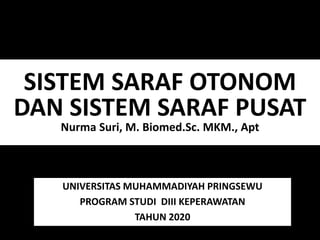 SISTEM SARAF OTONOM
DAN SISTEM SARAF PUSAT
Nurma Suri, M. Biomed.Sc. MKM., Apt
UNIVERSITAS MUHAMMADIYAH PRINGSEWU
PROGRAM STUDI DIII KEPERAWATAN
TAHUN 2020
 
