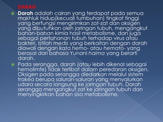 



DARAH
Darah adalah cairan yang terdapat pada semua
makhluk hidup(kecuali tumbuhan) tingkat tinggi
yang berfungsi mengirimkan zat-zat dan oksigen
yang dibutuhkan oleh jaringan tubuh, mengangkut
bahan-bahan kimia hasil metabolisme, dan juga
sebagai pertahanan tubuh terhadap virus atau
bakteri. Istilah medis yang berkaitan dengan darah
diawali dengan kata hemo- atau hemato- yang
berasal dari bahasa Yunani haima yang berarti
darah.
Pada serangga, darah (atau lebih dikenal sebagai
hemolimfe) tidak terlibat dalam peredaran oksigen.
Oksigen pada serangga diedarkan melalui sistem
trakea berupa saluran-saluran yang menyalurkan
udara secara langsung ke jaringan tubuh. Darah
serangga mengangkut zat ke jaringan tubuh dan
menyingkirkan bahan sisa metabolisme.

 