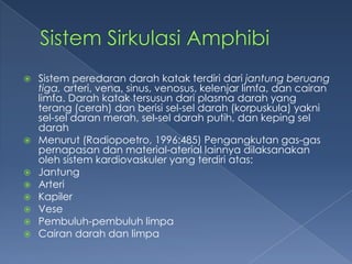 Sistem peredaran darah katak terdiri dari jantung beruang
tiga, arteri, vena, sinus, venosus, kelenjar limfa, dan cairan
limfa. Darah katak tersusun dari plasma darah yang
terang (cerah) dan berisi sel-sel darah (korpuskula) yakni
sel-sel daran merah, sel-sel darah putih, dan keping sel
darah
 Menurut (Radiopoetro, 1996:485) Pengangkutan gas-gas
pernapasan dan material-aterial lainnya dilaksanakan
oleh sistem kardiovaskuler yang terdiri atas:
 Jantung
 Arteri
 Kapiler
 Vese
 Pembuluh-pembuluh limpa
 Cairan darah dan limpa


 