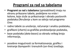 Programi za rad sa tabelama
• Programi za rad s tabelama (spreadsheet) imaju na
  ekranu prikazane tabele, podeljene na vrste i
  kolone, koje služe za prikazivanje i obradu poslovnih
  podataka.Okruženje u kom se odvija rad programa
  čine:
• radne tabele za unošenje, računanje i analizu podataka,
• grafikoni (charts) za grafičko predstavljanje podataka,
• baze podataka (data bases) za obradu velkog broja
  informacija,

• posebne mogudnosti za formatizovanje, grafiku i
  kreiranje štampanih i trenutnih (on-line) izveštaja.
 