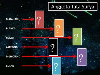 Anggota Tata Surya
MATAHARI
PLANET
KOMET
ASTEROID
METEOROID
BULAN
?
?
?
?
?
?
 