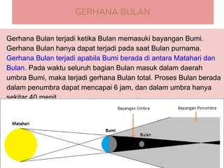 GERHANA BULAN
Gerhana Bulan terjadi ketika Bulan memasuki bayangan Bumi.
Gerhana Bulan hanya dapat terjadi pada saat Bulan purnama.
Gerhana Bulan terjadi apabila Bumi berada di antara Matahari dan
Bulan. Pada waktu seluruh bagian Bulan masuk dalam daerah
umbra Bumi, maka terjadi gerhana Bulan total. Proses Bulan berada
dalam penumbra dapat mencapai 6 jam, dan dalam umbra hanya
sekitar 40 menit.
23
 