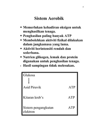 5




        Sistem Aerobik
 Memerlukan kehadiran oksigen untuk
  menghasilkan tenaga.
 Penghasilan paling banyak ATP
 Membolehkan aktiviti fizikal dilakukan
  dalam jangkamasa yang lama.
 Aktiviti berintensiti rendah dan
  sederhana.
 Nutrien glikogen, lemak dan protein
  digunakan untuk penghasilan tenaga.
 Hasil sampingan tidak melesukan.



 Glukosa


 Asid Piruvik                 ATP

 Kitaran kreb’s               ATP

 Sistem pengangkutan          ATP
 elektron
 