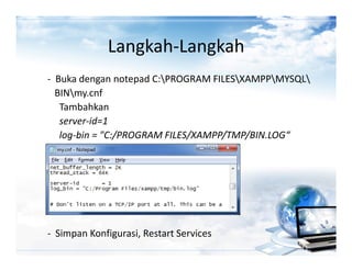 Langkah-Langkah
- Buka dengan notepad C:PROGRAM FILESXAMPPMYSQL
  BINmy.cnf
   Tambahkan
   server-id=1
   log-bin = "C:/PROGRAM FILES/XAMPP/TMP/BIN.LOG“




- Simpan Konfigurasi, Restart Services
 