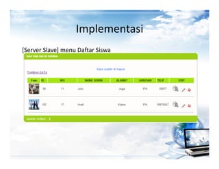 Implementasi
[Server Slave] menu Daftar Siswa
 