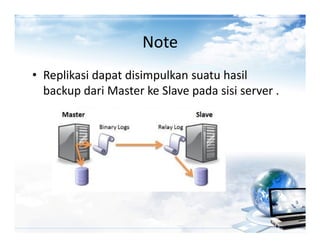 Note
• Replikasi dapat disimpulkan suatu hasil
  backup dari Master ke Slave pada sisi server .
 