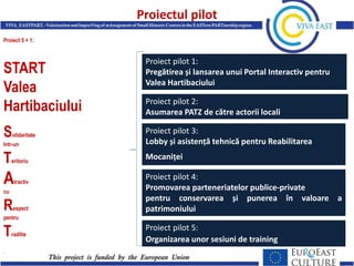 Proiectul pilot
Proiect 5 + 1:

START
Valea
Hartibaciului
S

olidaritate

Intr-un

T

eritoriu

A

tractiv

cu

R

espect

Proiect pilot 1:
Pregătirea și lansarea unui Portal Interactiv pentru
Valea Hartibaciului
Proiect pilot 2:
Asumarea PATZ de către actorii locali
Proiect pilot 3:
Lobby și asistență tehnică pentru Reabilitarea
Mocaniței
Proiect pilot 4:
Promovarea parteneriatelor publice-private
pentru conservarea și punerea în valoare a
patrimoniului

pentru

T
.

raditie

Proiect pilot 5:
Organizarea unor sesiuni de training

 
