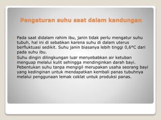 Pengaturan suhu saat dalam kandungan
Pada saat didalam rahim ibu, janin tidak perlu mengatur suhu
tubuh, hal ini di sebabkan karena suhu di dalam uterus
berfluktuasi sedikit. Suhu janin biasanya lebih tinggi 0,6°C dari
pada suhu ibu.
Suhu dingin dilingkungan luar menyebabkan air ketuban
menguap melalui kulit sehingga mendinginkan darah bayi.
Pebentukan suhu tanpa mengigil merupakan usaha seorang bayi
yang kedinginan untuk mendapatkan kembali panas tubuhnya
melalui penggunaan lemak coklat untuk produksi panas.
 