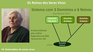 Os Reinos dos Seres Vivos
Sistema com 3 Domínios e 6 Reinos
(Carl Woese 1977)
Domínio
Bacteria
Domínio
Archaea
Domínio
Eukarya
Ancestral
Comum
3000 MA
Archaea definido
pela análise
filogenética do RNA
ribossómico 16S
10. Sistemática do seres vivos
 