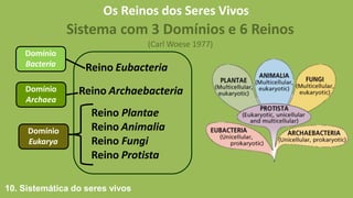 Os Reinos dos Seres Vivos
Sistema com 3 Domínios e 6 Reinos
(Carl Woese 1977)
Reino Plantae
Reino Animalia
Reino Fungi
Reino Protista
Domínio
Bacteria
Domínio
Archaea
Domínio
Eukarya
Reino Archaebacteria
10. Sistemática do seres vivos
Reino Eubacteria
 