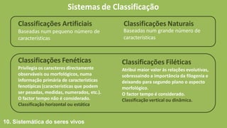 Sistemas de Classificação
Baseadas num pequeno número de
características
Baseadas num grande número de
características
Classificações Artificiais Classificações Naturais
Classificações Fenéticas
Privilegia os caracteres directamente
observáveis ou morfológicos, numa
informação primária de características
fenotípicas (características que podem
ser pesadas, medidas, numerados, etc.).
O factor tempo não é considerado.
Classificação horizontal ou estática.
Classificações Filéticas
Atribui maior valor ás relações evolutivas,
sobressaindo a importância da filogenia e
deixando para segundo plano o aspecto
morfológico.
O factor tempo é considerado.
Classificação vertical ou dinâmica.
10. Sistemática do seres vivos
 