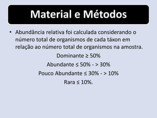 Material e Métodos
• Abundância relativa foi calculada considerando o
  número total de organismos de cada táxon em
  relação ao número total de organismos na amostra.
                  Dominante ≥ 50%
              Abundante ≤ 50% - > 30%
           Pouco Abundante ≤ 30% - > 10%
                     Rara ≤ 10%.
 